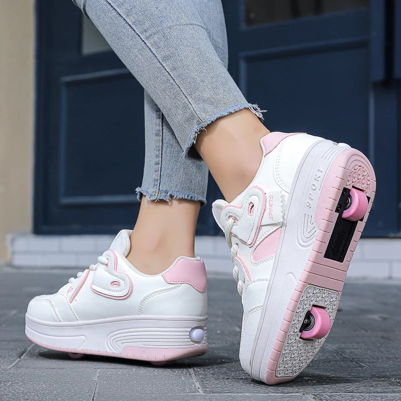 Girls Retractable Roller Shoes Breathable Walking Sneakers