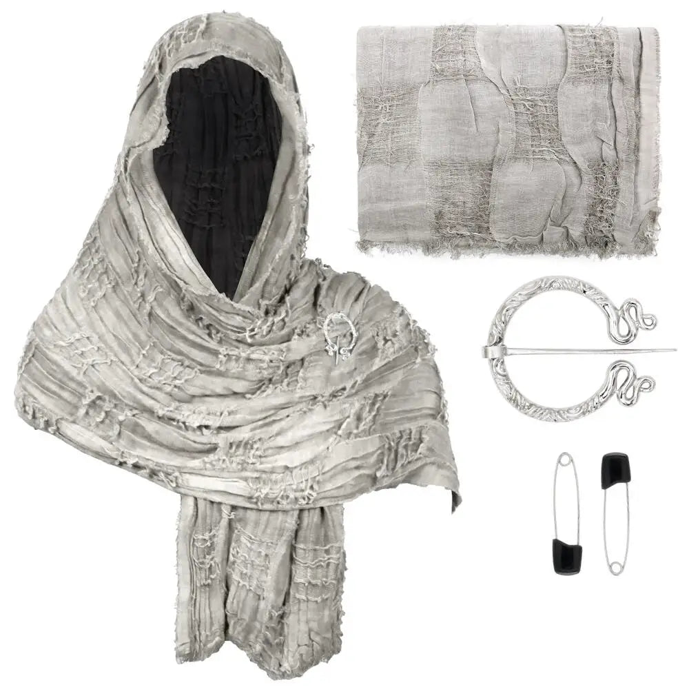 Medieval Vintage Hooded Shawl Scarf Cloak For Men Women Renaissance Halloween Tattered Layered Textured Frayed Cosplay Costume