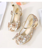 Princess Kids Leather Shoes for Girls Flower Casual Glitter Children High Heel Girls Shoes Butterfly Knot Blue Pink Silver
