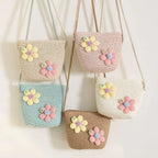 Handmade Woven Girl Flower Straw Bag Coin Purse Zipper Kid Messenger Bags Photo Props Storage Basket Crossbody Handbag