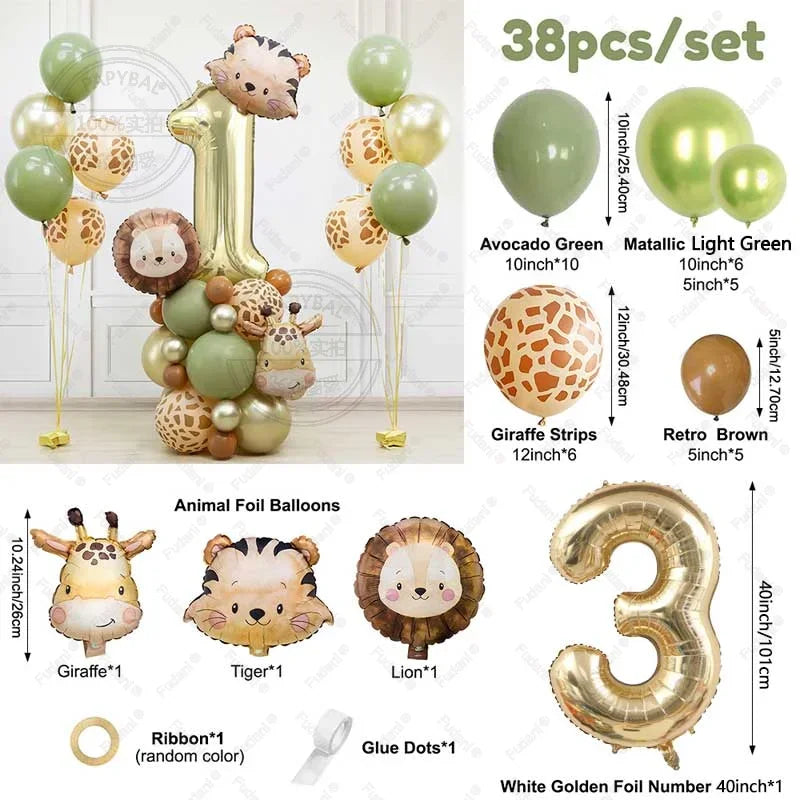 38pcs Wild Animal Balloon Tower with Gold 1-9 Number Balloon for Jungle Safari Birthday Party Decoration Forest Party Supply