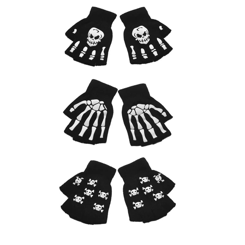 New Punk Gloves Unisex Halloween Skeleton Skull Half Finger Gloves Glow In The Dark Fingerless Stretch Knitted Winter Mittens