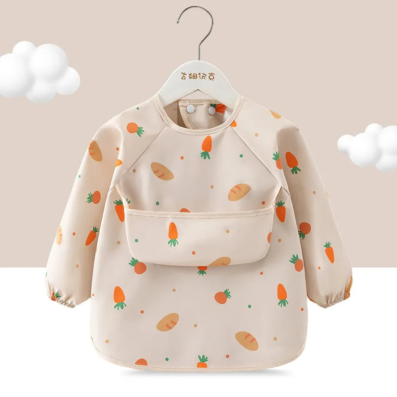 1PC Child Feeding Bib Waterproof Long Sleeve Apron Rice Pocket Feeding Blouse Toddler Bibs Children's Summer Thin Feeding Smock