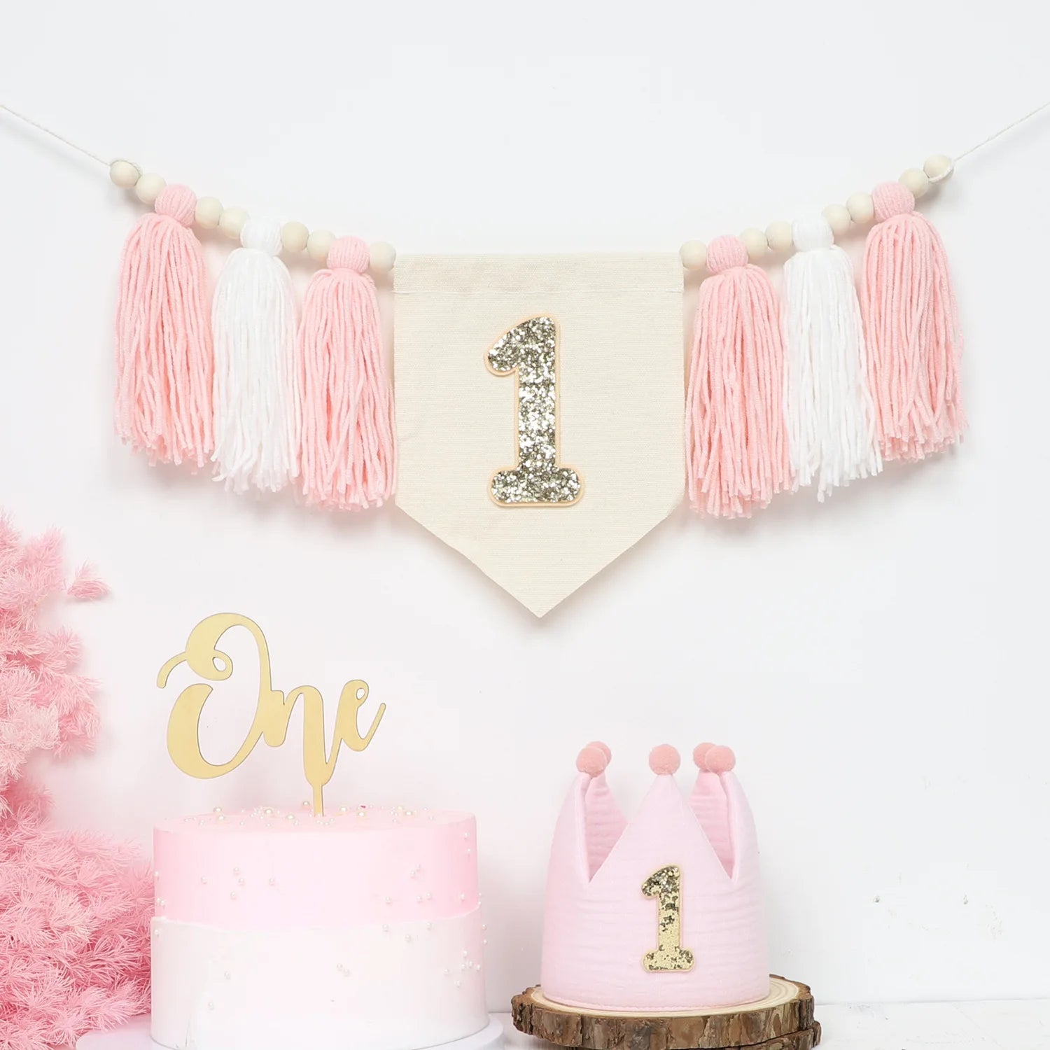 Boho 1st Birthday High Chair Banner Pink Party Decoration For Girl Baby Shower Wall Hangings Decorative For Kids Bedroom