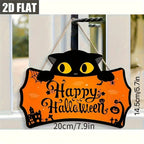 Black Cat Shaped Happy Halloween Wooden Hanging Sign Pumpkin Bat Spider Castle Print Front Door Plaque for Halloween Porch Decor