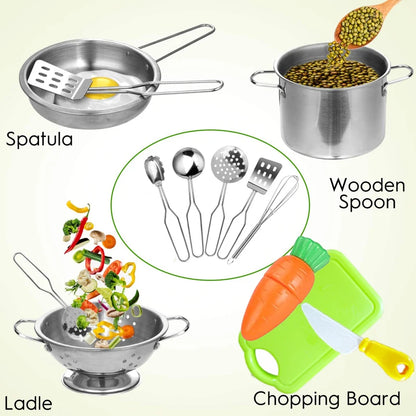 Stainless Steel Kids Kitchen Cookware Set – Pretend Play Cooking Toy