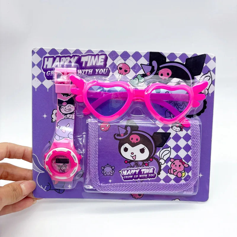Fashion 3ps Unicorn Hello Kitty Girls Watch Kids with Wallet Glasses Cartoon Spiderman Watch Children Clock Toys set