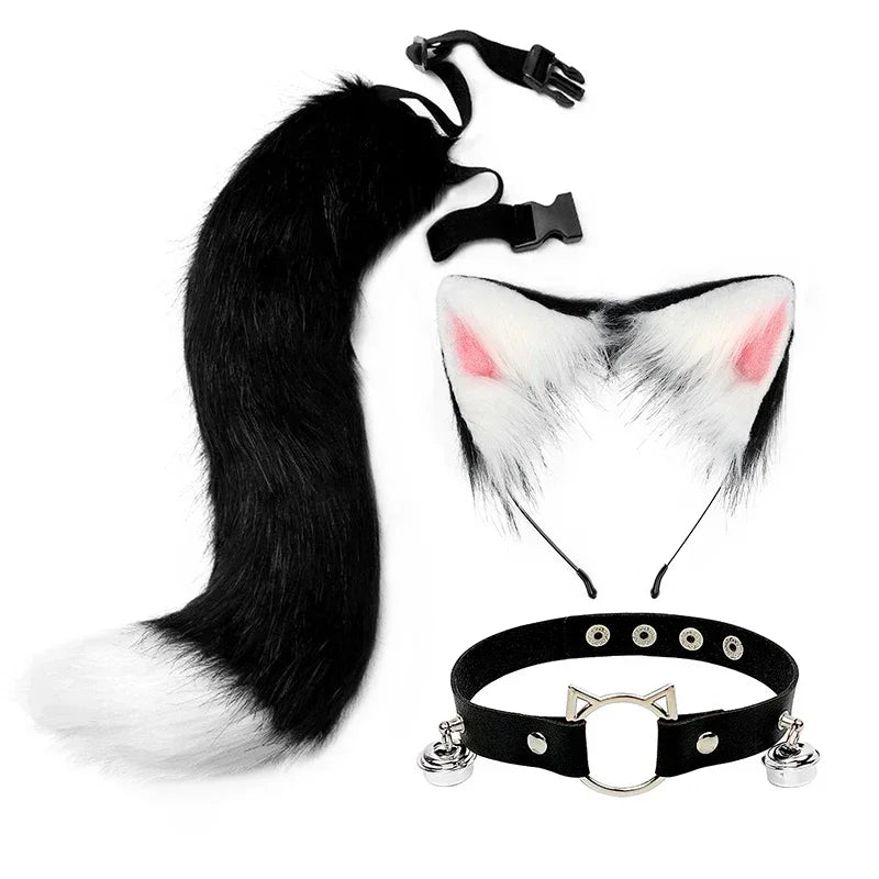 FluffyAnime Animal Fur Fox Tail Cat Paws Gloves and Ears Headwear Face Mask Cosplay Costume  Set Halloween Party Accessorie