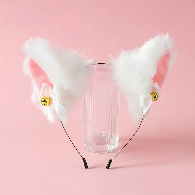 Sexy Cat Ears Headband for Women Girls Lace Bow Necklace Plush Bell Hairband Cosplay Masquerade-Party Costume Hair Accessories