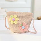 Handmade Woven Girl Flower Straw Bag Coin Purse Zipper Kid Messenger Bags Photo Props Storage Basket Crossbody Handbag