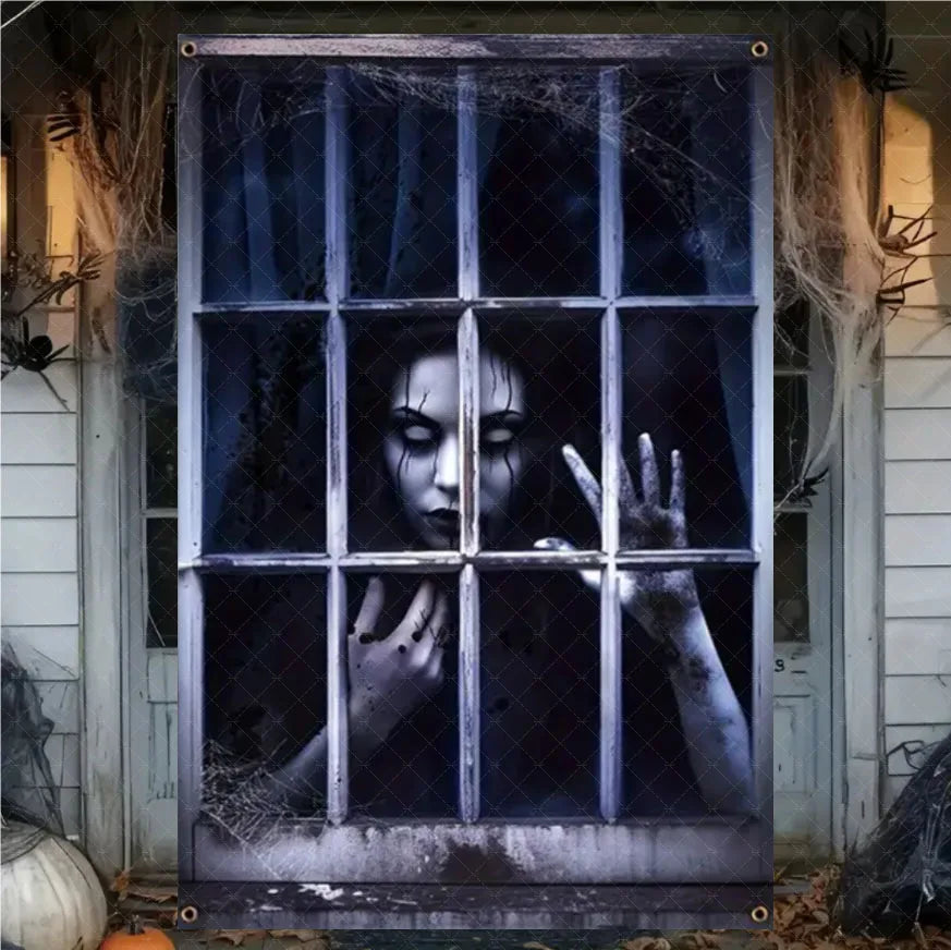 Scary Halloween Curtain Window Banner Horror Hanging Cloth Family Party Decoration Witch Zombie Ghosts Super Terrifying Backdrop