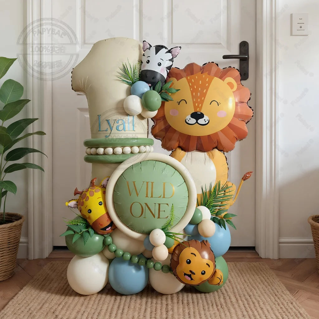 45pcs Lion Giraffe Balloon Cream White Number Birthday Balloon Set Jungle Animal Theme Birthday Party Decoration Suprise Gift