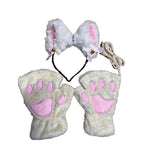 5Pcs Sets Cat Paw Gloves Winter Cute Cartoon Girl Open Finger Gloves Bell Headband Fox Cat Ear Headwear