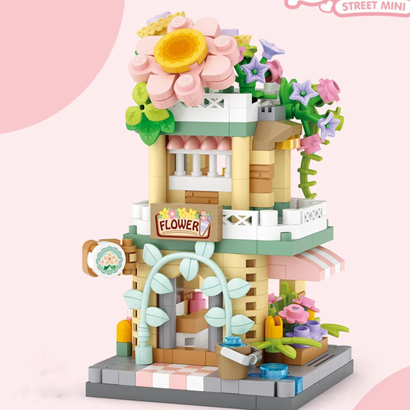 Mini ABS Self-Locking Bricks Street View Blocks Panda Coffee Ice Cream Flower Shop DIY Toy for Kids Girls Birthday Gift