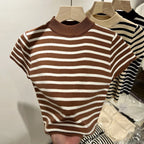 Half Turtleneck Pullover Striped Sweater Sweater Slim Fit Top Shirt Women's Early Spring and Autumn Short Sleeve Bottoming Shirt