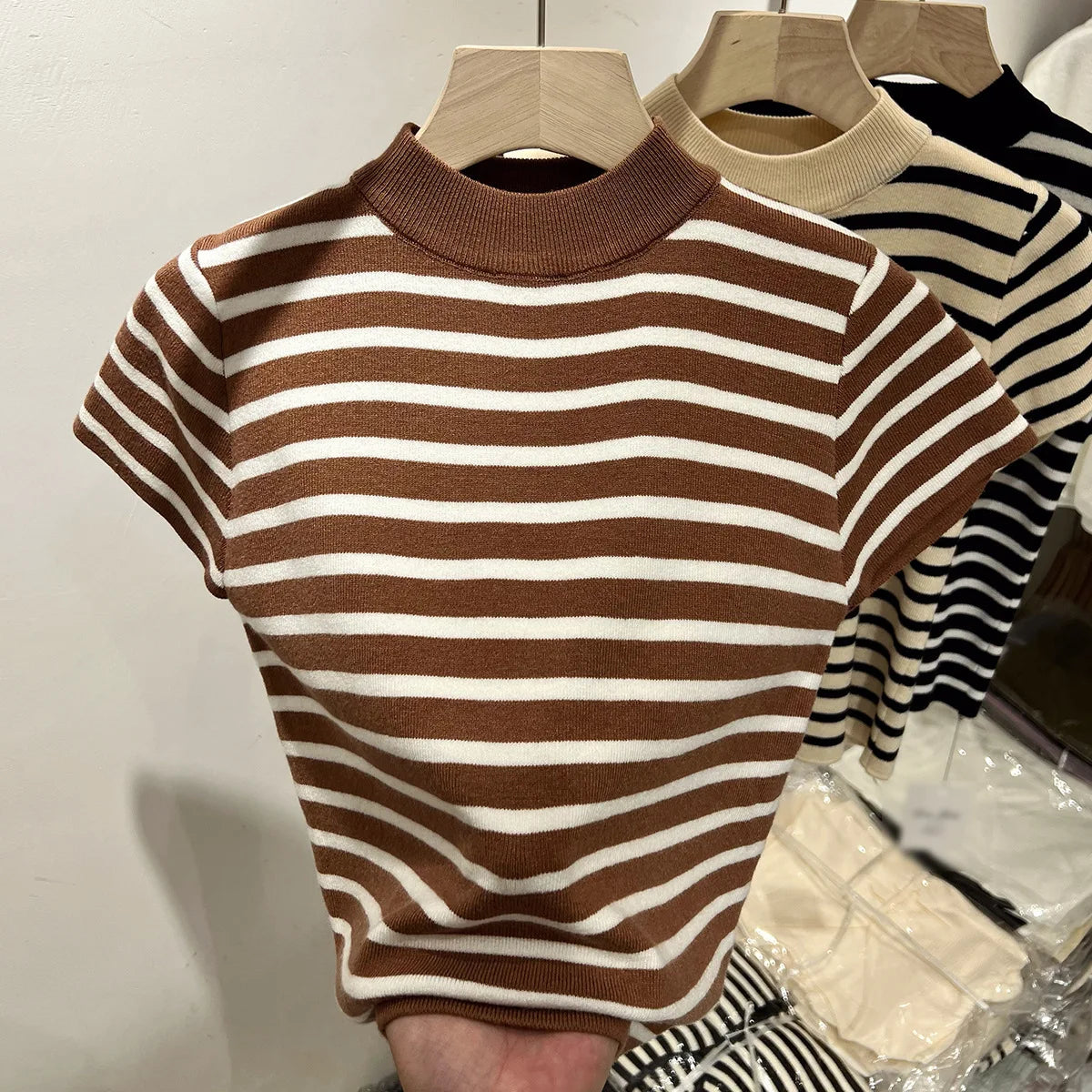 Half Turtleneck Pullover Striped Sweater Sweater Slim Fit Top Shirt Women's Early Spring and Autumn Short Sleeve Bottoming Shirt