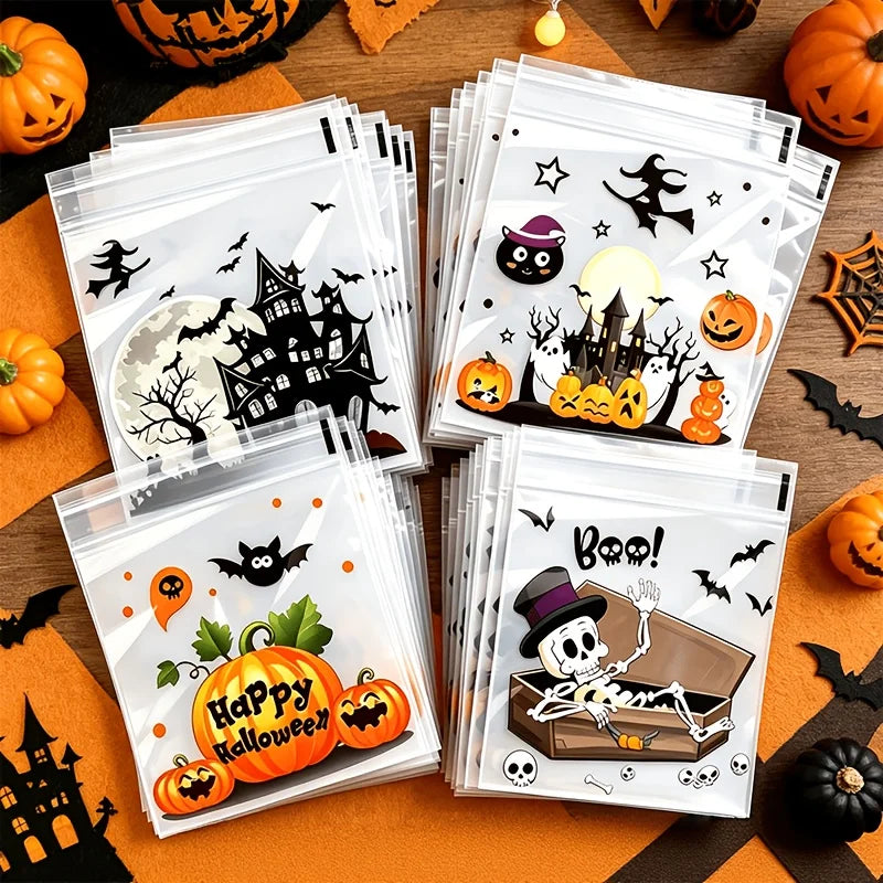 100Pcs Small Halloween Treat Bags,Clear Self Adhesive Candy Bags, Plastic Cookie Bags for Trick or Treat, Halloween Goodie Bags