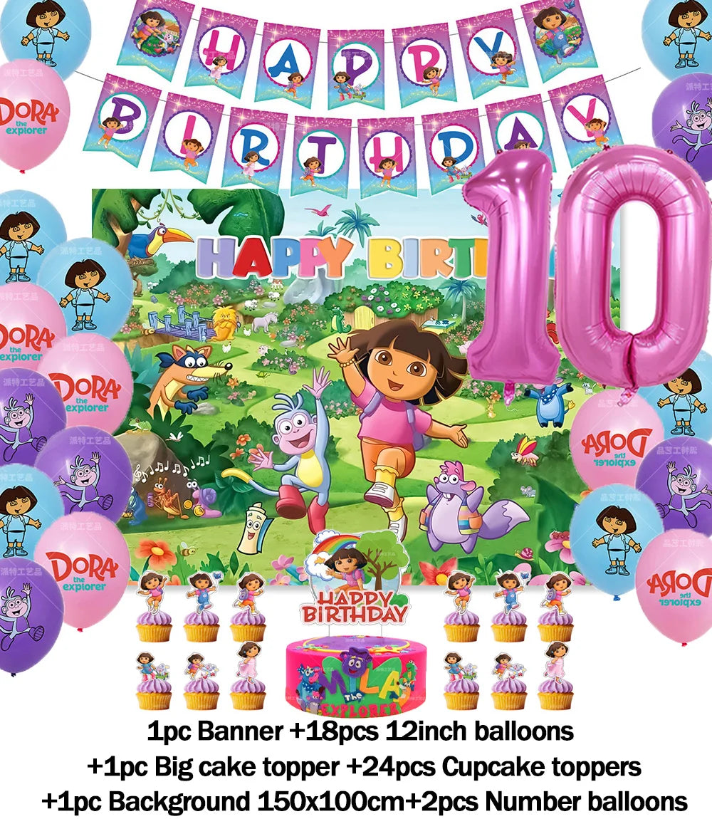Cartoon-Dora-The-Explorer Theme Kids Birthday Party Digital Balloon Banner Background Cake Topper Decoration Supplies Baby Gifts