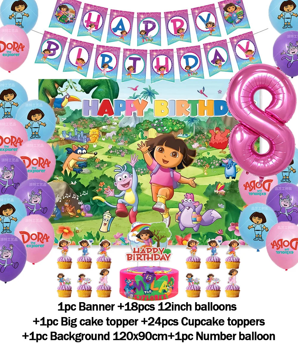 Cartoon-Dora-The-Explorer Theme Kids Birthday Party Digital Balloon Banner Background Cake Topper Decoration Supplies Baby Gifts