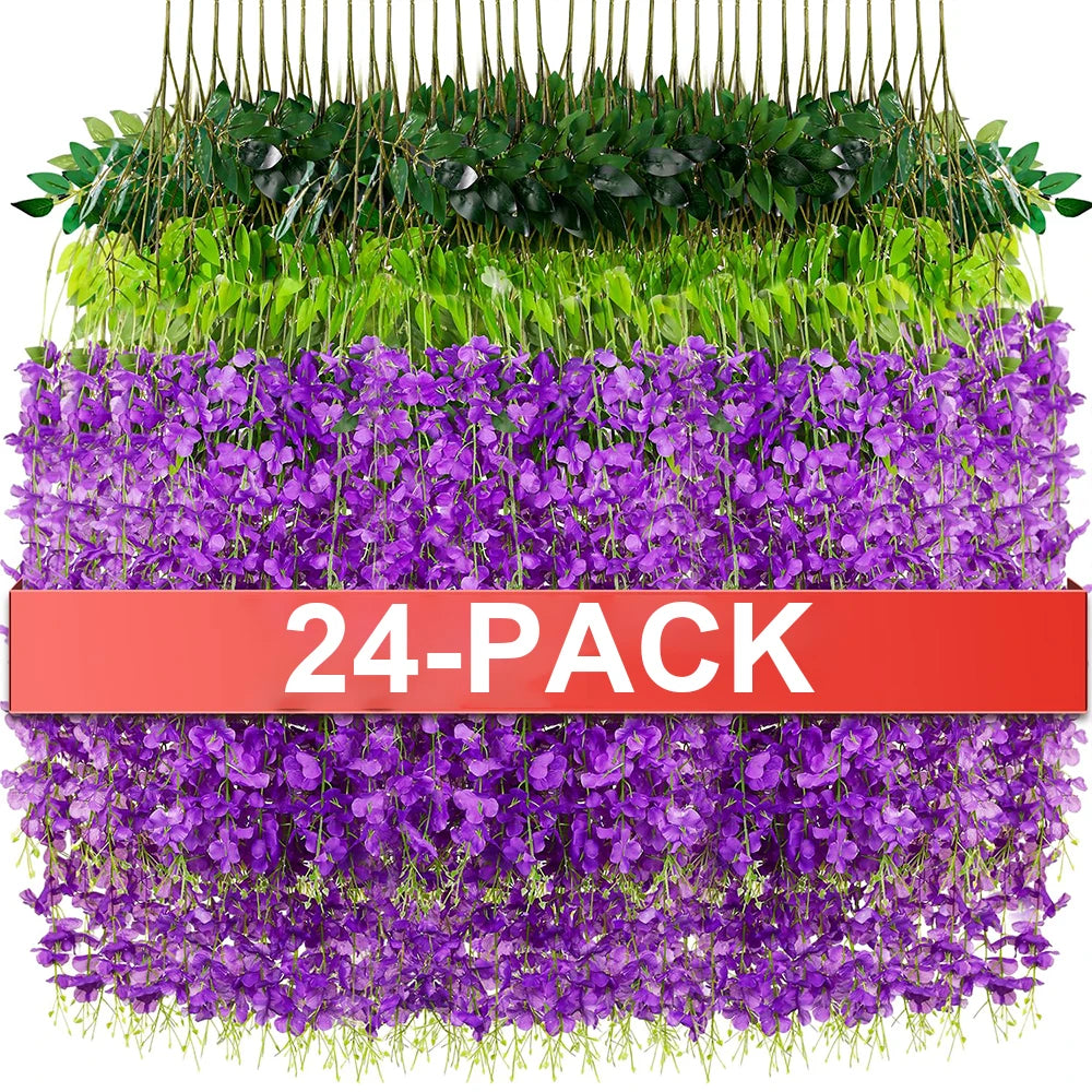24PCS Artificial Wisteria Flowers Hanging Garland Fake Ivy Vine Flower String for Arch Wedding Party Home Room Decoration Flower