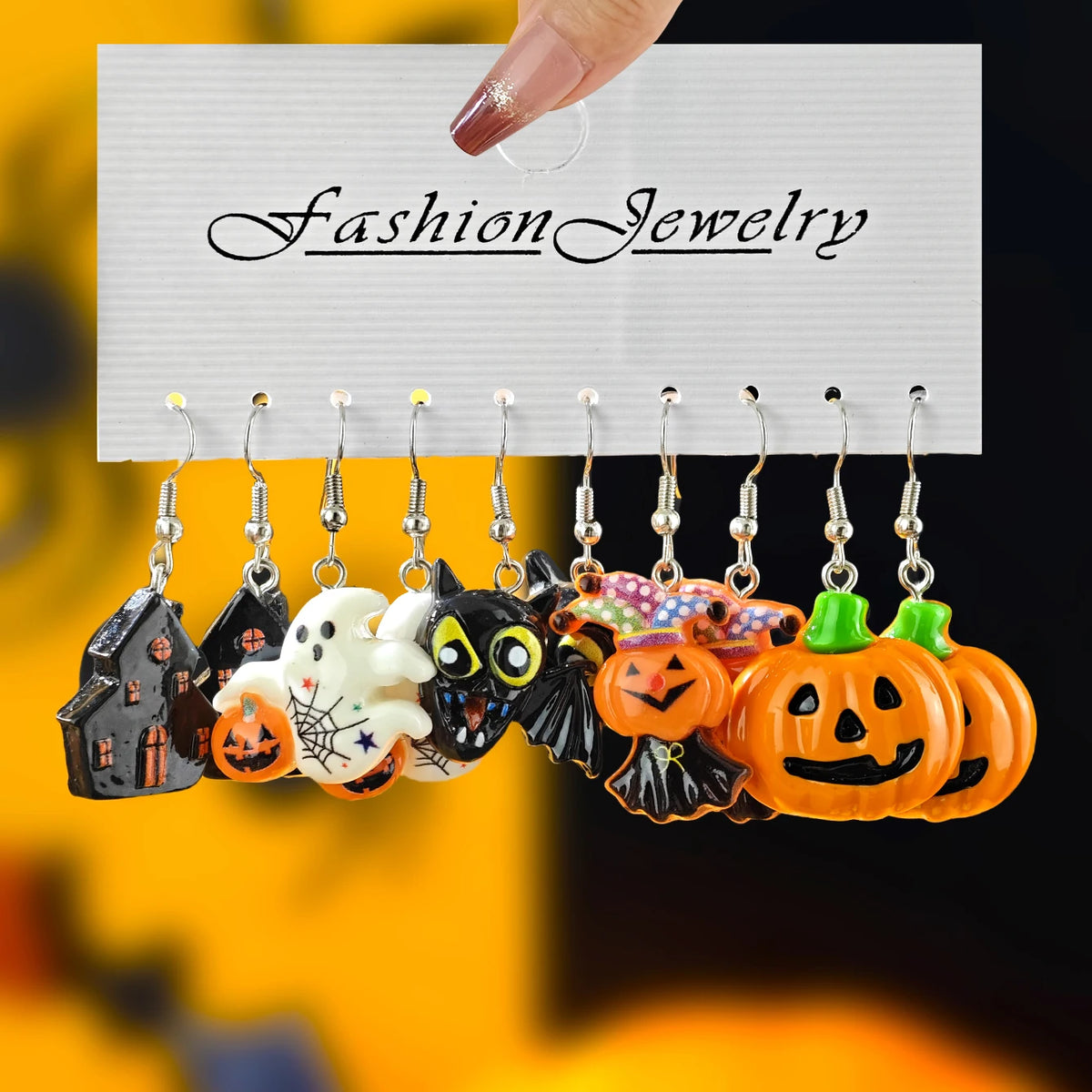 10pcs Cross border New Halloween Gothic Ghost Face Pumpkin Ghost Black Cat Bat Witch Hat Resin Pendant Earrings Set