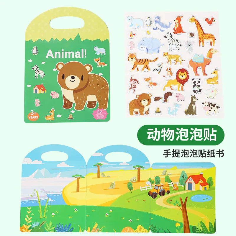 Sticker Books 3D Reusable Stickers Books Animal Dinosaurs Ocean World Vehicle Educational Travel Stickers