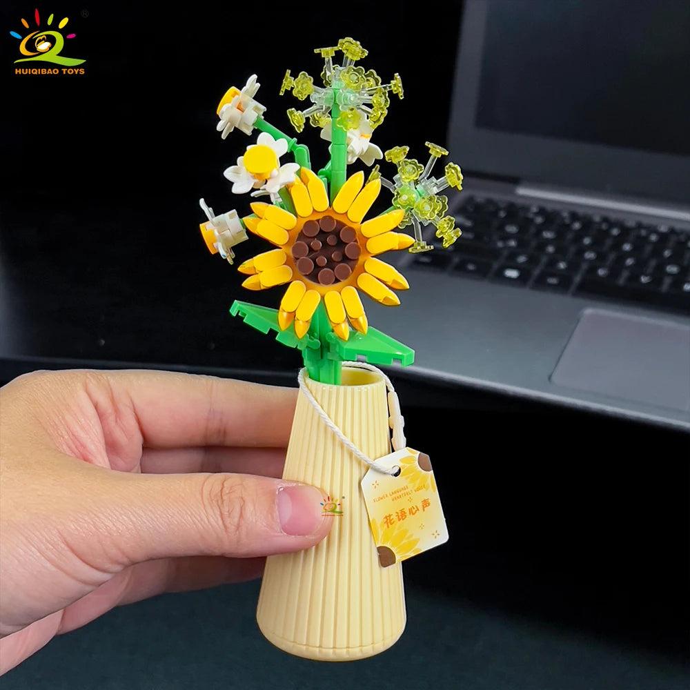 HUIQIBAO MOC Flower with pot Micro Building Block Sunflower Mini Model Bricks set Flowers Toys for Adults home Desk Decoration