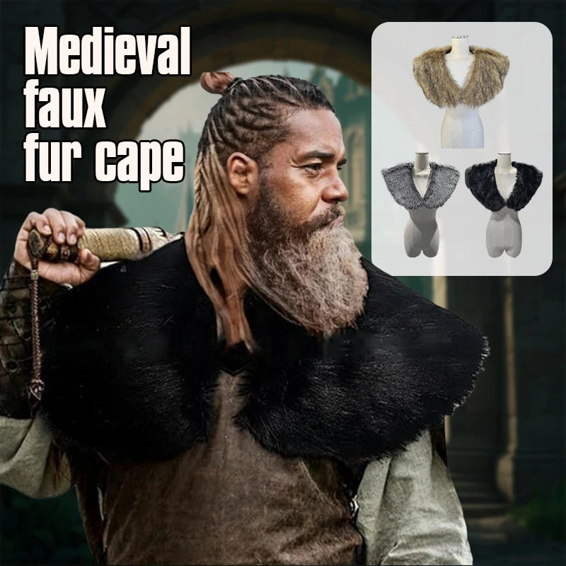 Medieval Viking Fur Cape Shawl Faux Fur Collar Shoulder Cloak Retro Warrior Knight Hunter Pirate Halloween Cosplay Costume