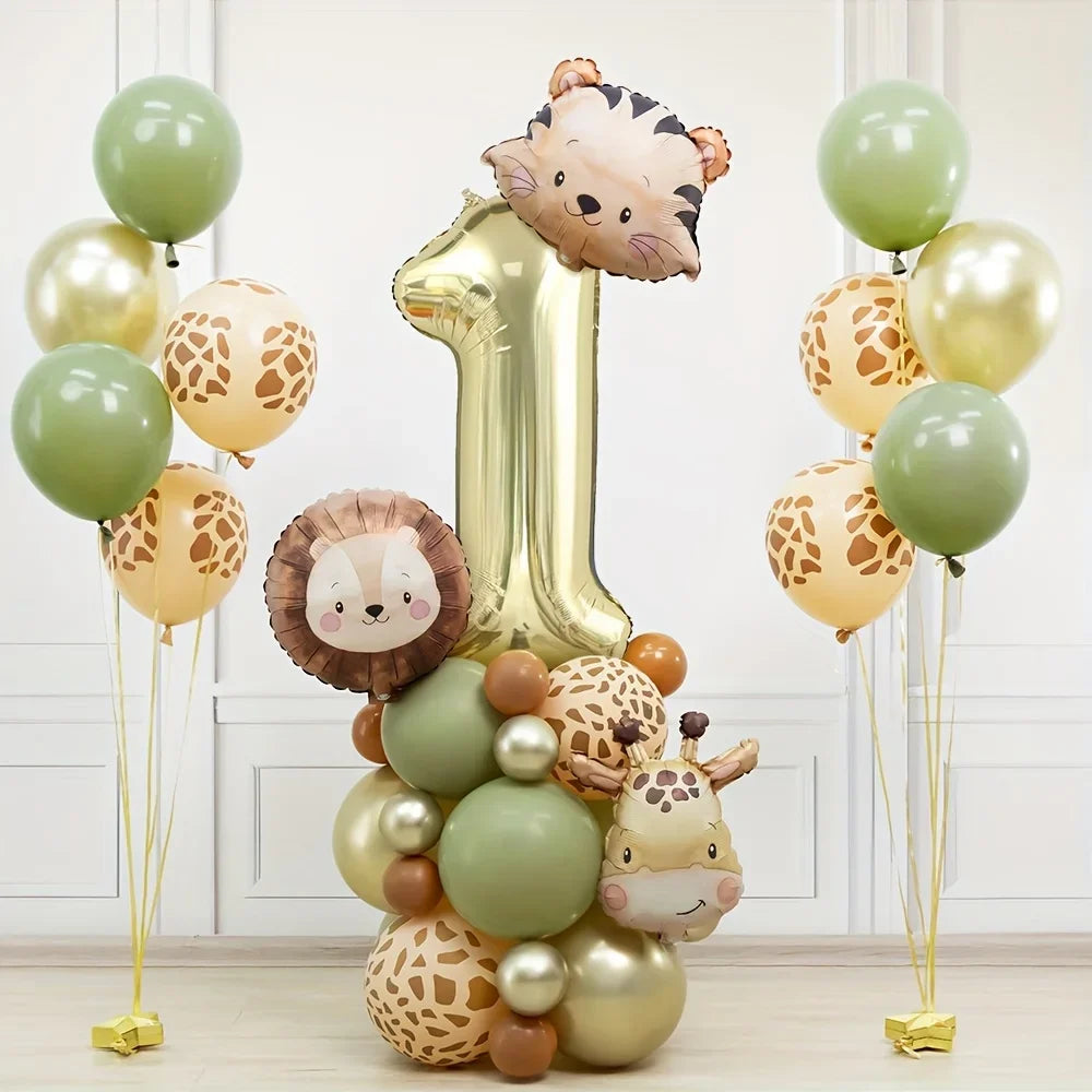 38pcs Wild Animal Balloon Tower with Gold 1-9 Number Balloon for Jungle Safari Birthday Party Decoration Forest Party Supply