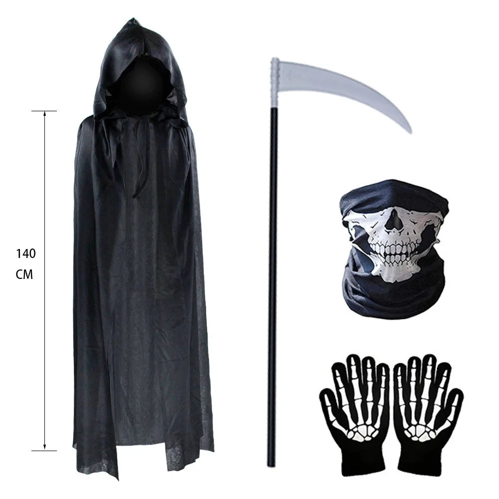 Terror Stitch Halloween Party Cosplay Children Adult Death Black Cloak, Halloween Death Skull Skeleton Ball Costume Prop Set