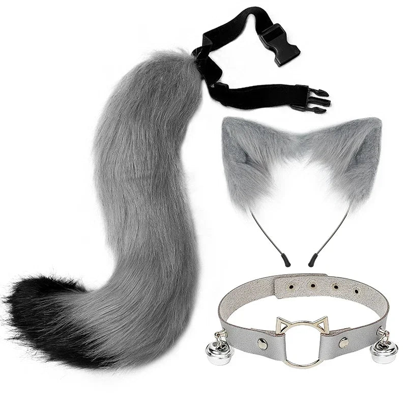 FluffyAnime Animal Fur Fox Tail Cat Paws Gloves and Ears Headwear Face Mask Cosplay Costume  Set Halloween Party Accessorie