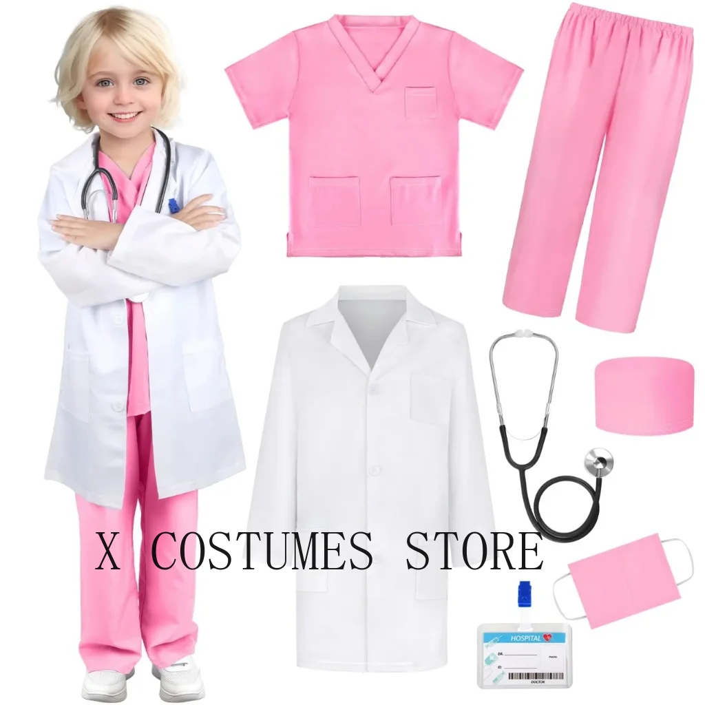 Kid's Doctor Cosplay Nurse Costume Nurse Suit Doctor's V Neck Surgical Suit Boys Girls Halloween Party Epidemic Role Clothing