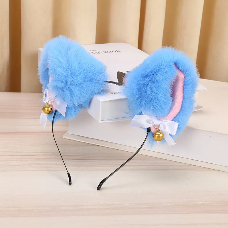 Plush Rabbit Sexy Cat Ears Headband for Women Girls Lace Bow Necklace Plush Bell Hairband Cosplay Masquerade-Party Costume Hair