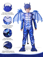 The Frost Blue Dragon Knight Jumpsuit for Kids, Halloween Carnival Theme Party Costume with Wing Tail Mask