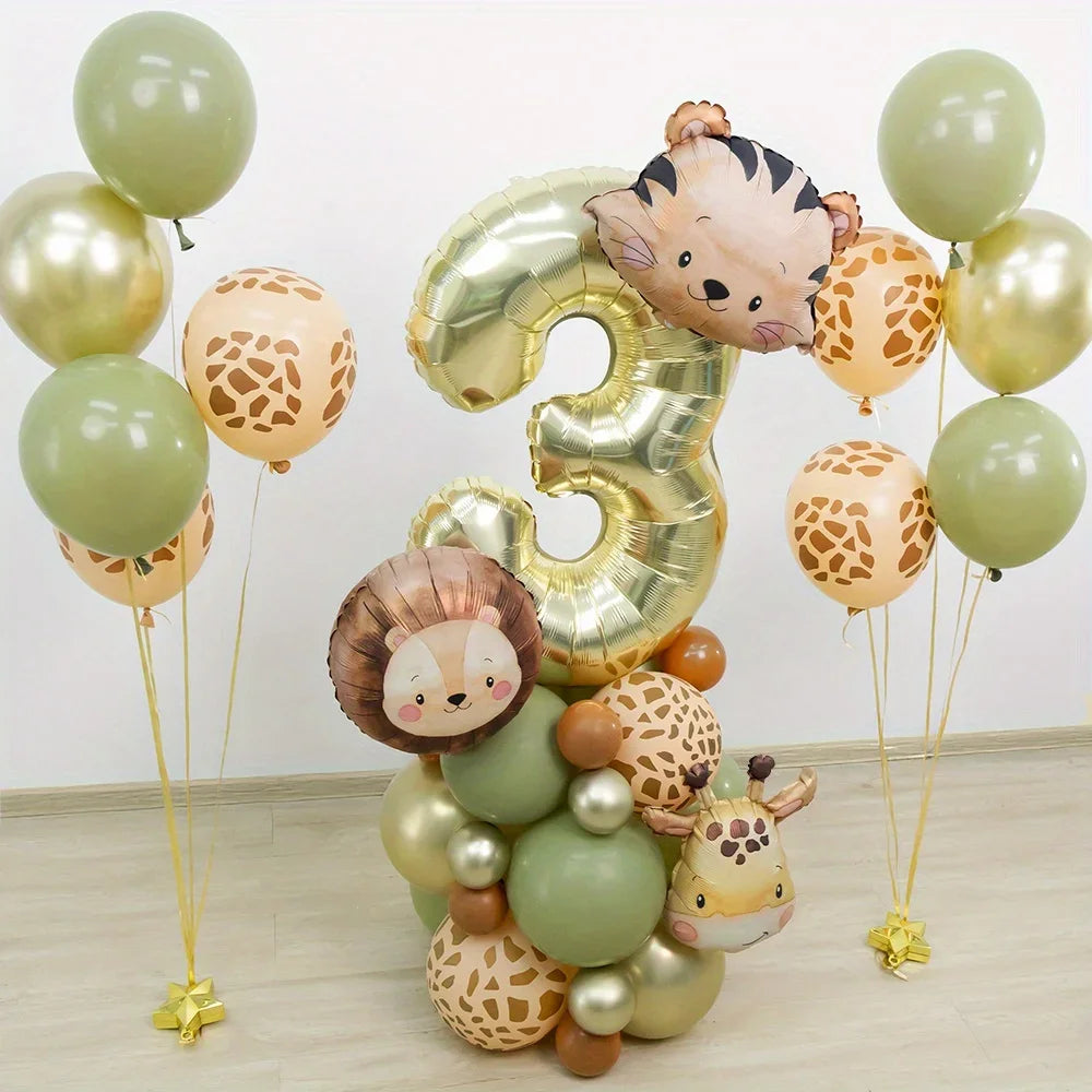 38pcs Wild Animal Balloon Tower with Gold 1-9 Number Balloon for Jungle Safari Birthday Party Decoration Forest Party Supply