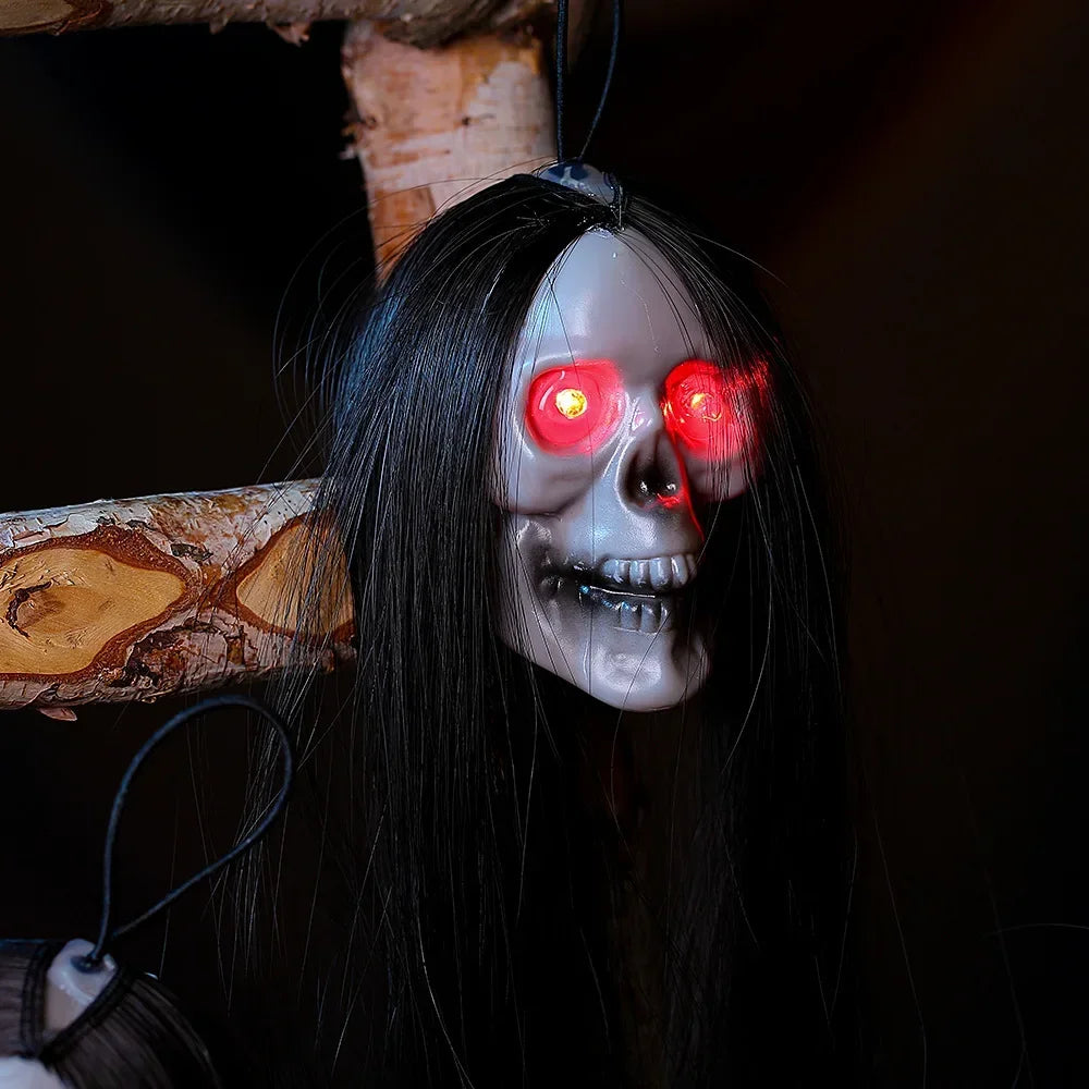 Halloween Hanging Ghost Skull with Long Hair Glowing Eyes Terror Skull Ghost House Head Skeleton Props 2024 Halloween Decoration