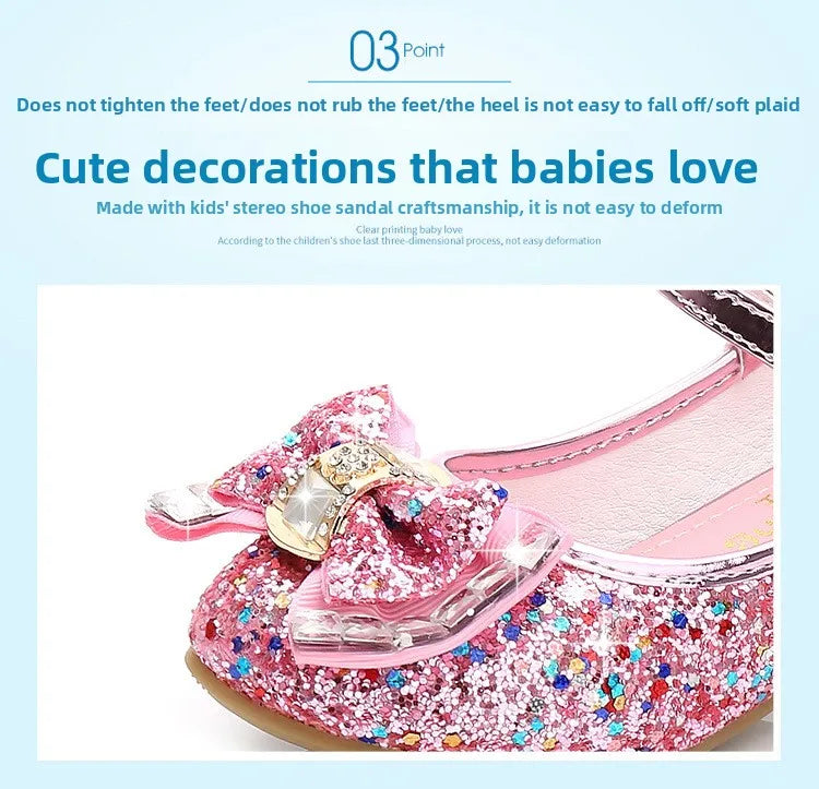 Princess Kids Leather Shoes for Girls Flower Casual Glitter Children High Heel Girls Shoes Butterfly Knot Blue Pink Silver