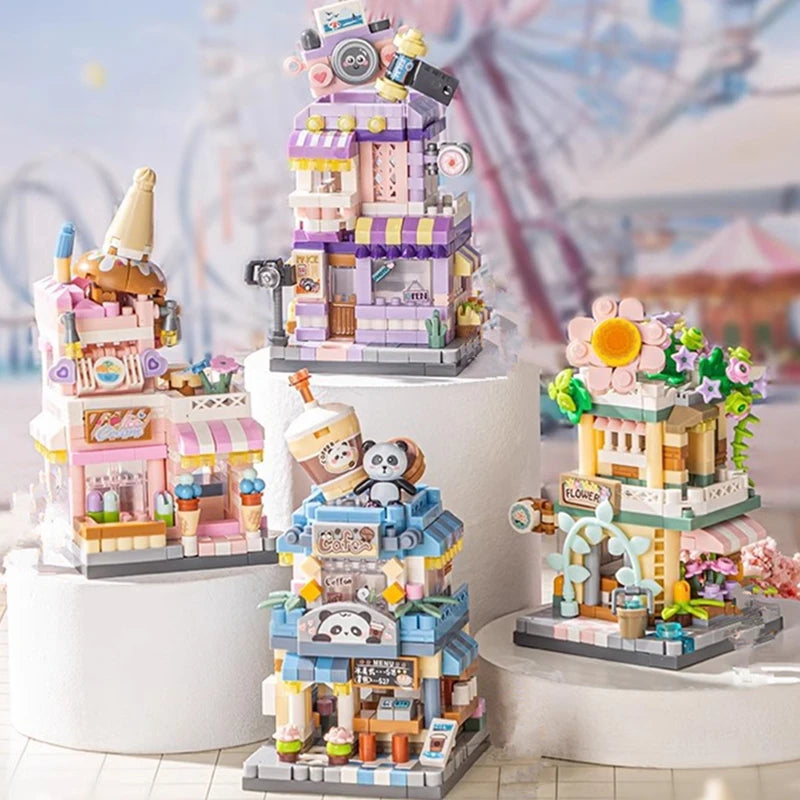Mini ABS Self-Locking Bricks Street View Blocks Panda Coffee Ice Cream Flower Shop DIY Toy for Kids Girls Birthday Gift