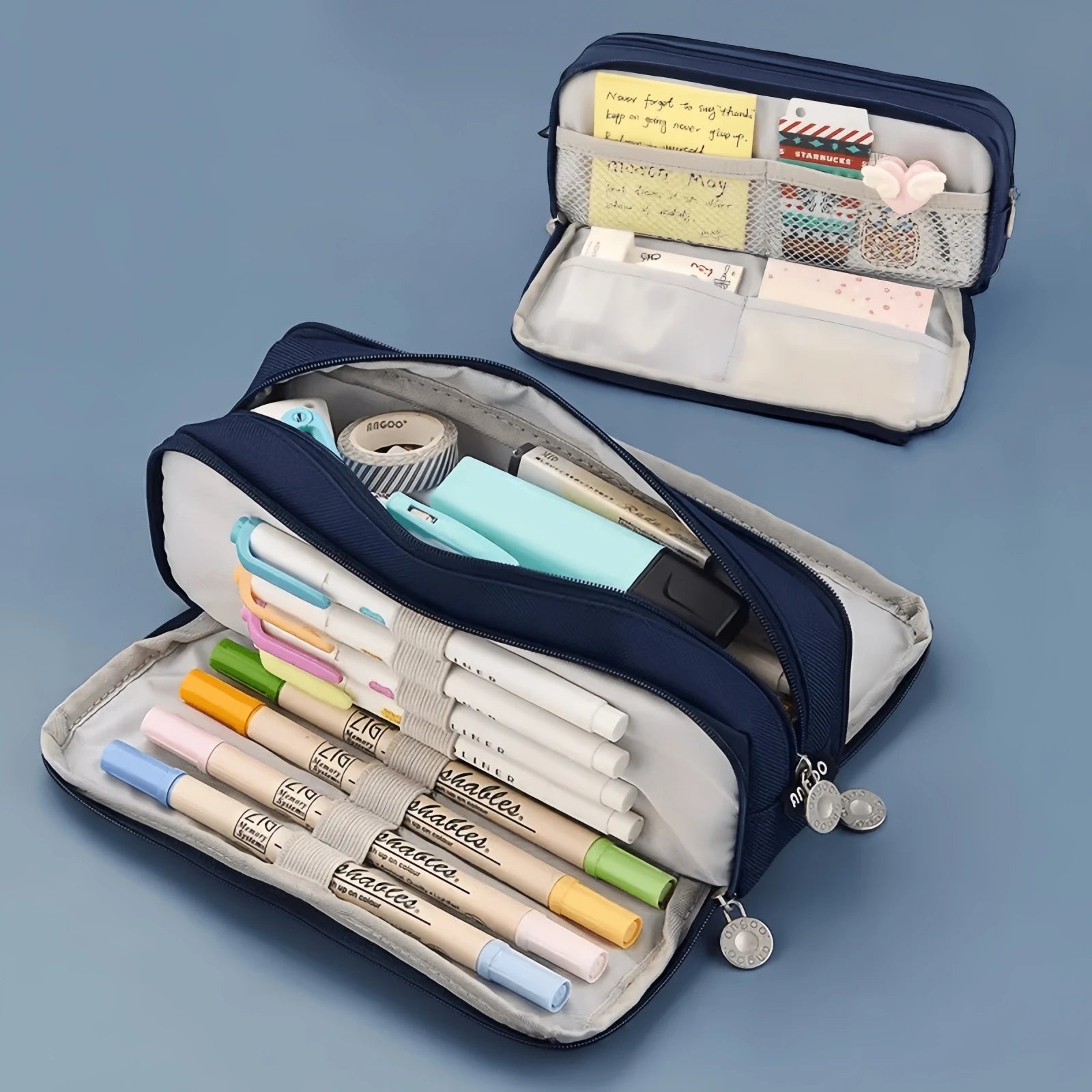 Large-Capacity Three-Layer Oxford Cloth Pencil Case with Versatile Functions, Suitable for Both Student and Office Scenarios.