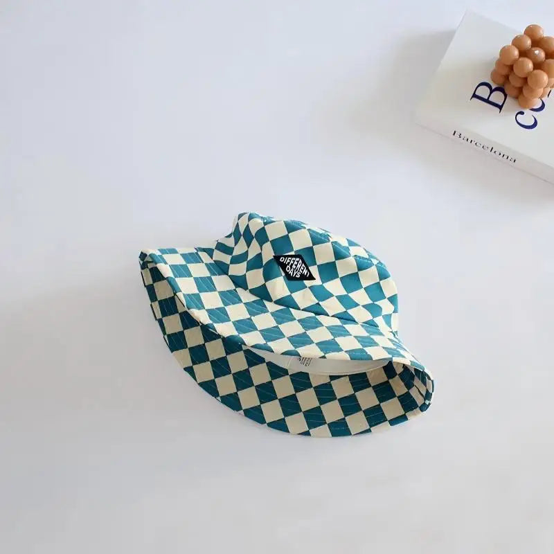 Stylish Kids Bucket Hat Checkerboard Plaid Pattern Sun Hat Breathable Wide Brim Cap For Boys And Girls