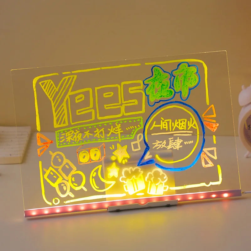 Light Up Acrylic Message Board Rewritable DIY Children's Glowing Drawing Board Message Lamp With 7 Colorful Pens