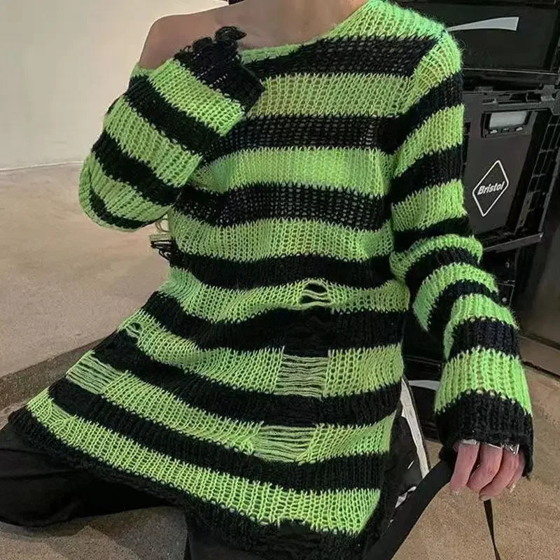 New Streetwear Top Punk Gothic Long Unisex Sweater Summer Women Striped Cool Hollow Out Hole Broken Jumper Loose Rock Thin Dark