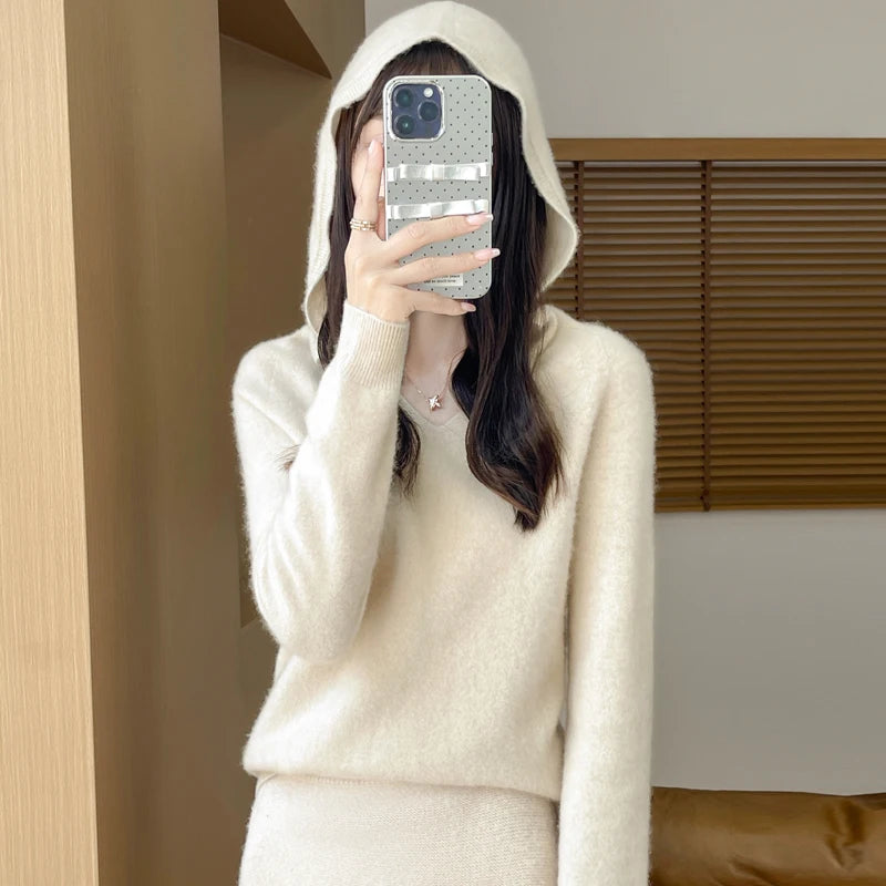Women Autumn Winter Clothing Hooded Collar Pullover 100% Merino Wool Sweater New Fashion Cashmere Tops Bottoming Knitwear Soft
