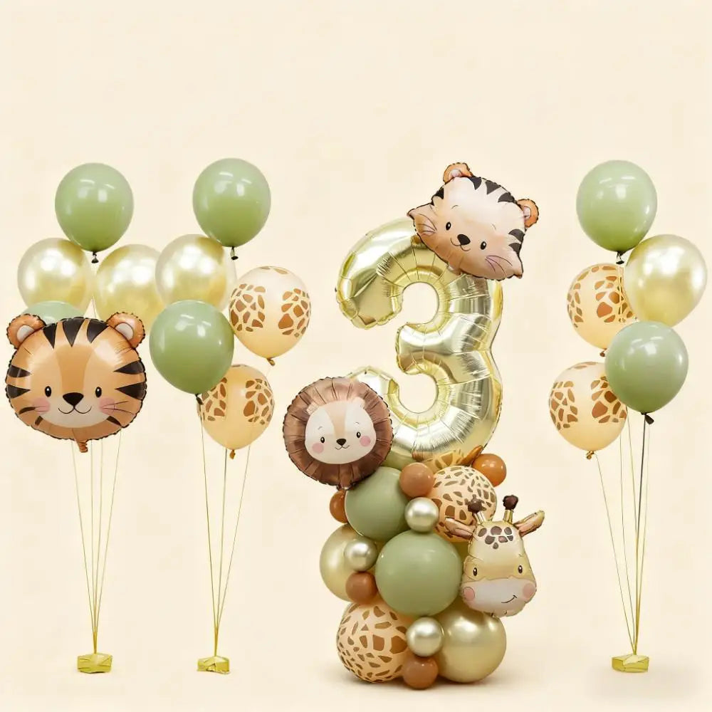 38pcs Wild Animal Balloon Tower with Gold 1-9 Number Balloon for Jungle Safari Birthday Party Decoration Forest Party Supply