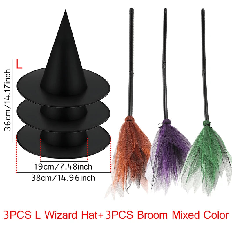 Halloween Witch Wizard Cosplay Props Black Magic Hats Flying Broomstick Decorations Halloween Party Masquerade Surprise Gift ZYF