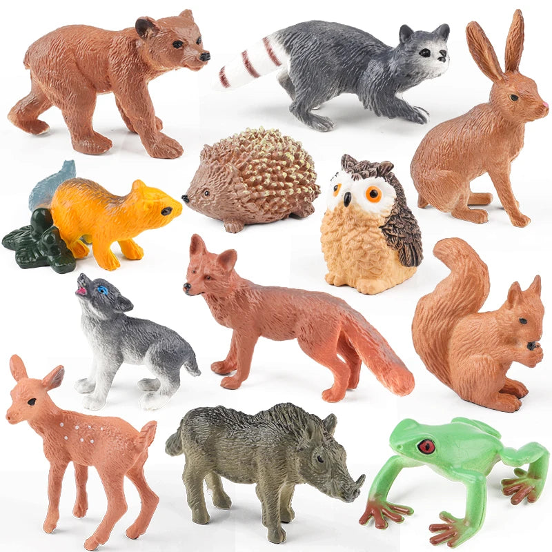 Oenux Mini Wild Forest Animals Insect Dinosaur Model Owl Fox Squirrel Hedgehog Fox Frog Figurines Cake Toppers Kid Toy Gift