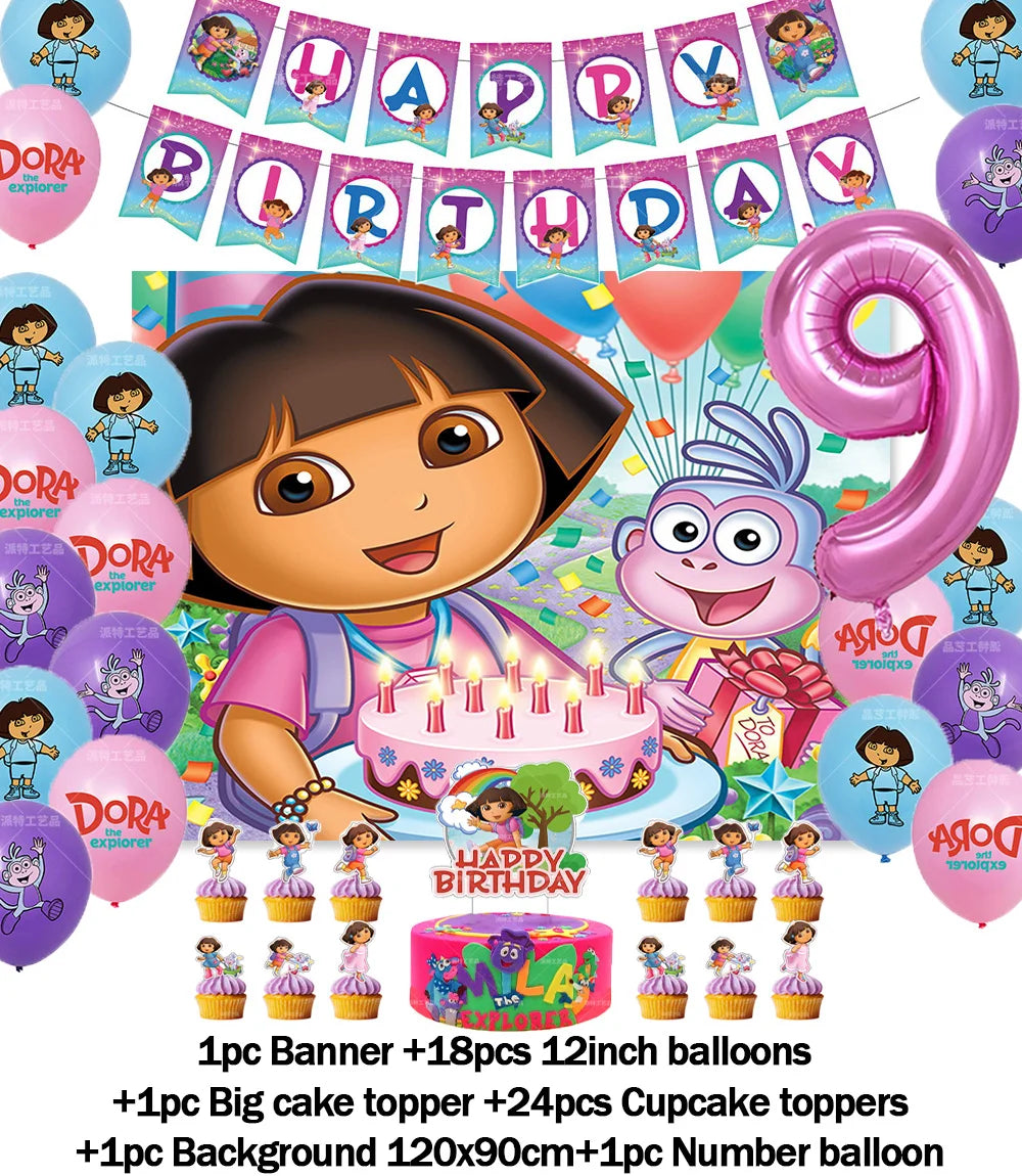 Cartoon-Dora-The-Explorer Theme Kids Birthday Party Digital Balloon Banner Background Cake Topper Decoration Supplies Baby Gifts