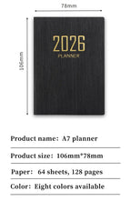 A7 specification 2026 English planner book, mini portable pocket daily schedule book, 64 sheets 128 page thin weekly calendar