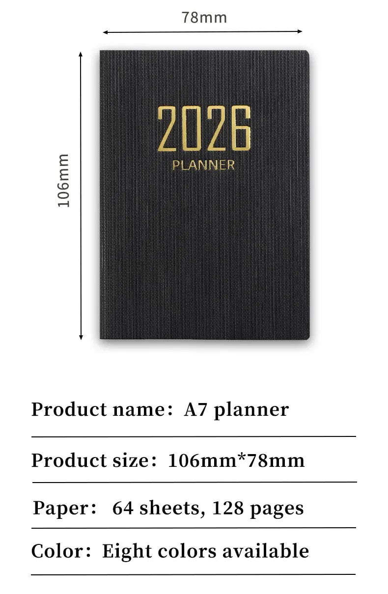 A7 specification 2026 English planner book, mini portable pocket daily schedule book, 64 sheets 128 page thin weekly calendar