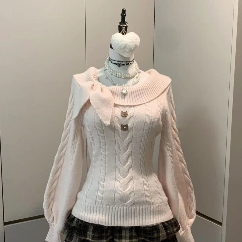 Preppy Style Sweet Knitted Sweater 2000s Aesthetic Gyaru Chic Korean Y2k Jumper Sweater Long Sleeve Coquette Knitwears